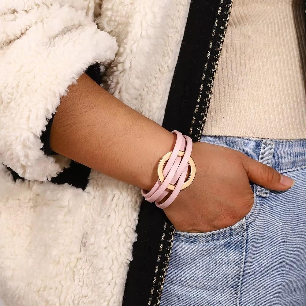 Leather Surface Leather Bracelets Adjustable Wrap Closure Hollow Circle Bracelet For Women