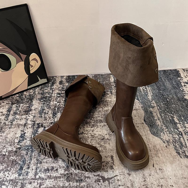 Черные ботинки на толстом каблуке и платформе в ретро-британском стиле, женские, осень-зима 2024 года, новые ботинки, высокие и тонкие рыцарские сапоги