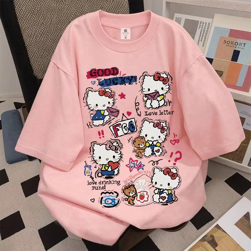 Летняя футболка Hello Kitty Оверсайз 2026 Высокое качество 100% Хлопок Коллаж из набросков Унисекс Ретро Повседневная Y2K