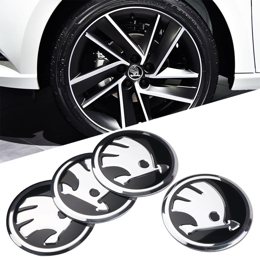 HRQB8 4Pcs 56MM Car Aluminum Logo Wheel Center Hub Caps Stickers For Skoda Octavia A5 3 2 VRS Vision Kodiaq Rapid Fabia VII Superb RS