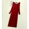 Женское эластичное трикотажное платье-свитер осень-зима с V-образным вырезом, длинными рукавами, облегающее платье-карандаш с разрезом, красное, темно-синее, серое
