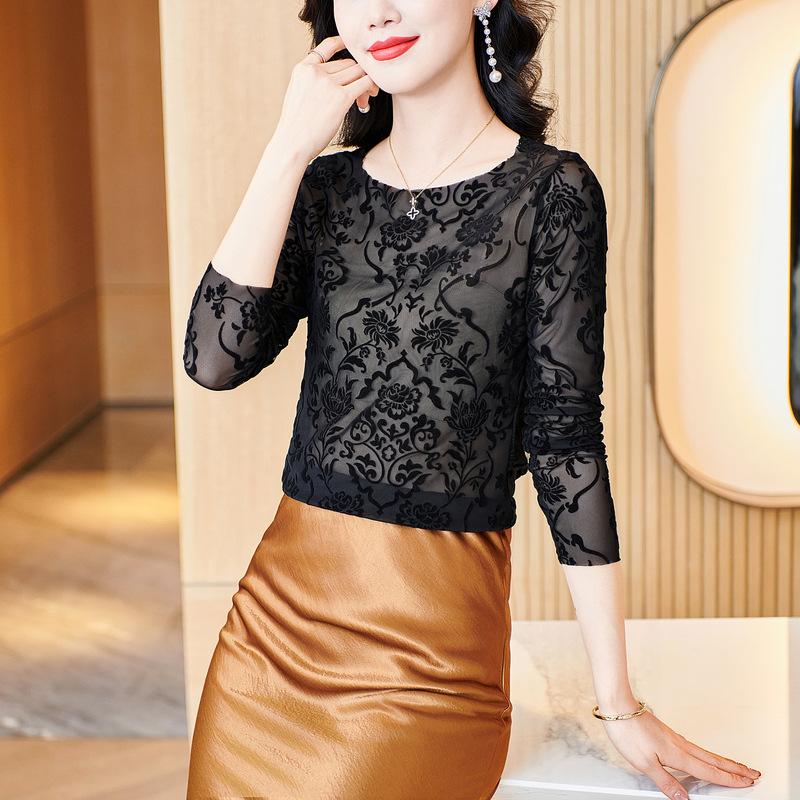 Spring New Mesh Printed Inner and Outer Bottoming Shirt for Women Round Neck Pullover T-shirt Top