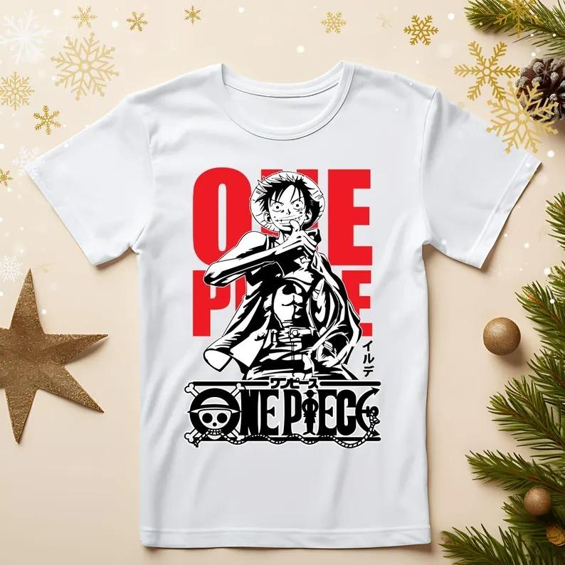 Луффи One Piece Манга Мужская футболка Хлопок Круглый вырез Короткий рукав Топы Футболка Повседневная одежда Винтаж Харадзюку Хип-хоп Пара Унисекс