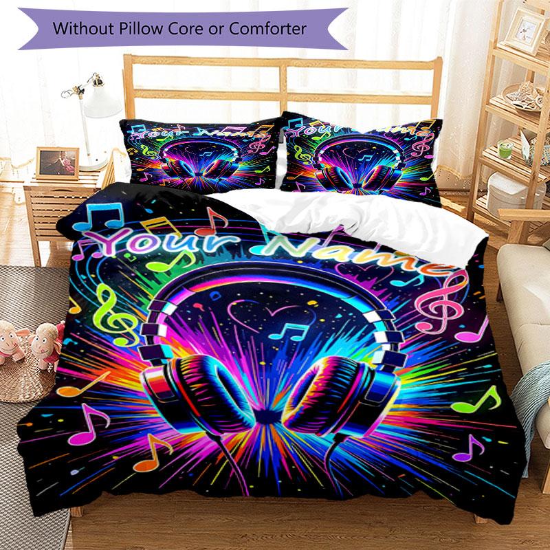 3PC Custom Name Music Headphones Art Bedding Set Duvet Cover Closure Includes 1 Duvet Cover & 2 Pillowcases for Bedroom