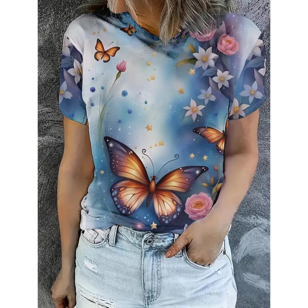 Summer Fashion Women's T-Shirt, Beautiful Floral, Casual Short Sleeve, Crew Neck, Regular Fit Top