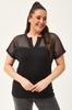 Women's Big Size Blouse Large Size Mesh Stone Detailed Black Blouse