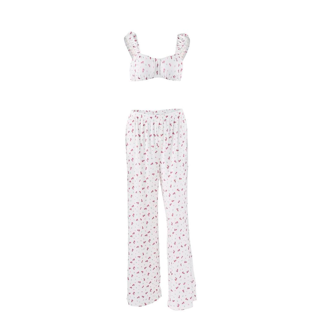 Spring and summer new sweet floral printing suspender trousers two-piece set European and American knitted pit strip women's pajamas loungewear