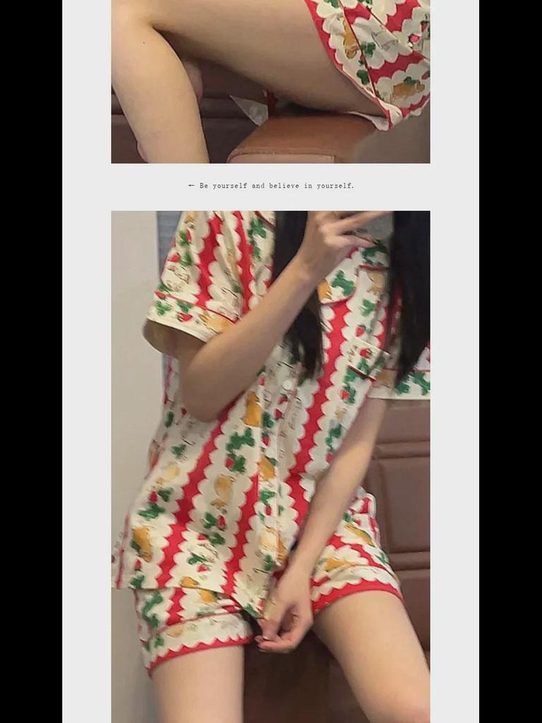 Korean Floral Bunny Christmas Summer Pajama Set - Striped Short-Sleeve Top & Shorts for Women