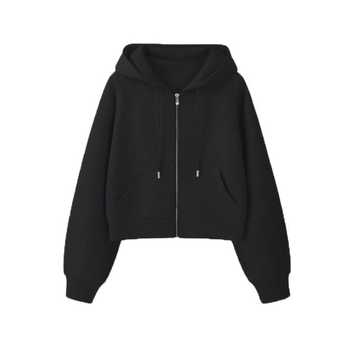 Women's Gray Hooded Zipper Cardigan - Long-Sleeve Sweater Jacket for Spring and Autumn