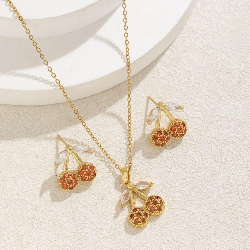 Light Luxury Rhinestone Cherry Jewelry Suit Exquisite Cherry Necklace Set Party