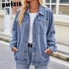 Autumn Winter Solid Color Print Women'S POLO Neck Long Sleeve Vintage Washed Denim Jacket Top Jackets & Coats