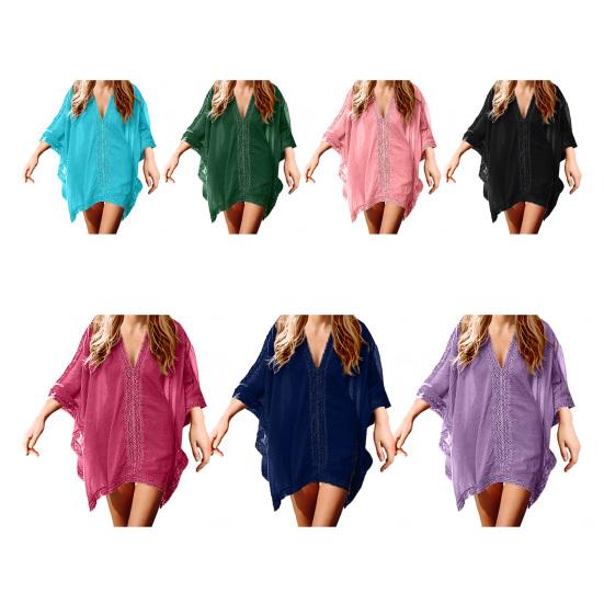 Пляжная накидка с V-образным вырезом, рукавом до локтя, комбинированного дизайна, накидка для купальника-бикини, однотонная пляжная одежда, летние аксессуары