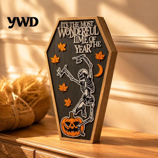 Natural Wood Festive Accents Halloween Table Sign, Spooky Message Board, Wooden Tabletop Centerpiece with Skeleton Desktop Skull Pumpkin Decor