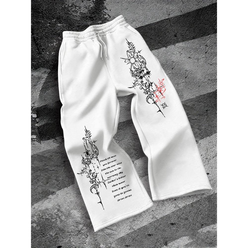 Urban Black Baggy Sweatpants for Men, Wide Leg Design with Striking White Flame Embroidery, Drawstring, Street Style