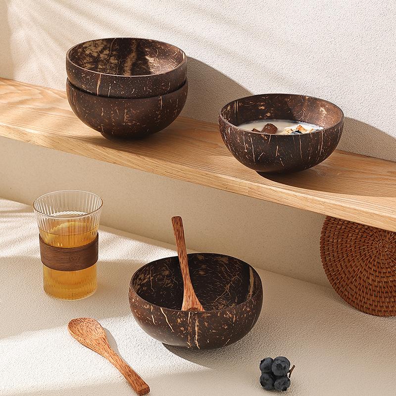 Natural Coconut Bowl Set Wooden Salad Ramen Bowl Coconut Wood Spoon Set Coco Smoothie Kitchen Tableware Coconut Bowl
