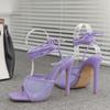 Sexy Purple Orange Mesh Women Sandals Summer Fashion Square Open Toe Ankle Cross Lace -Up Heels Stiletto Hollow Dress Shoes Pumps