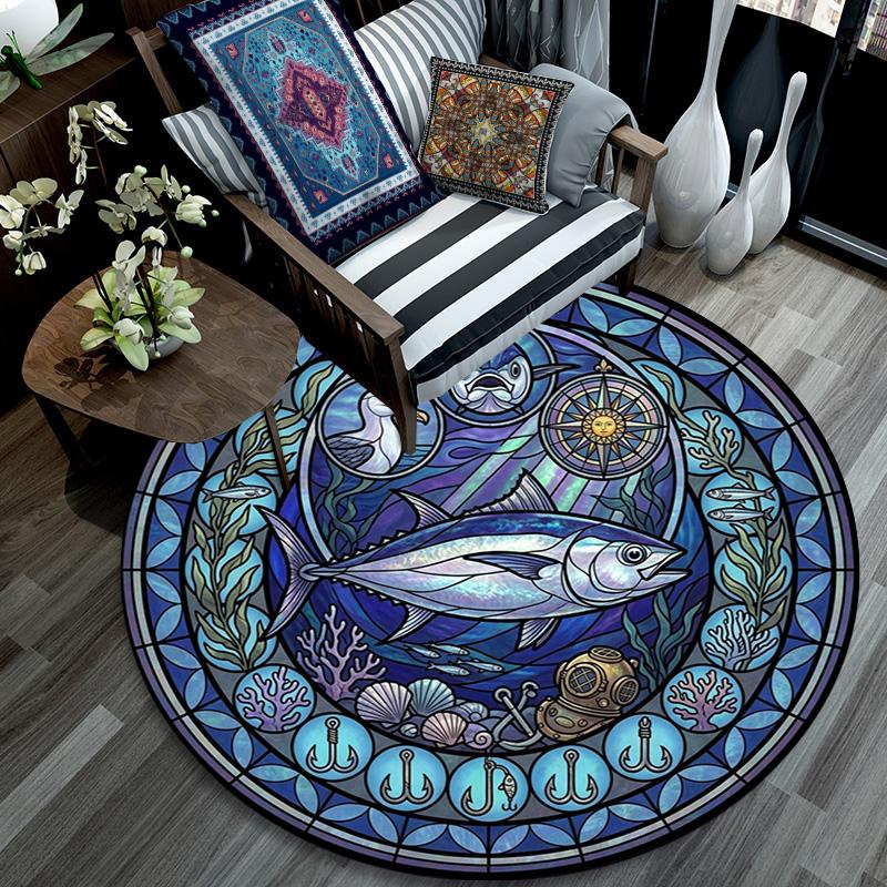 Ocean Life Glass Round Area Rug Under Office Chairs Bedroom Living Room Home Decor