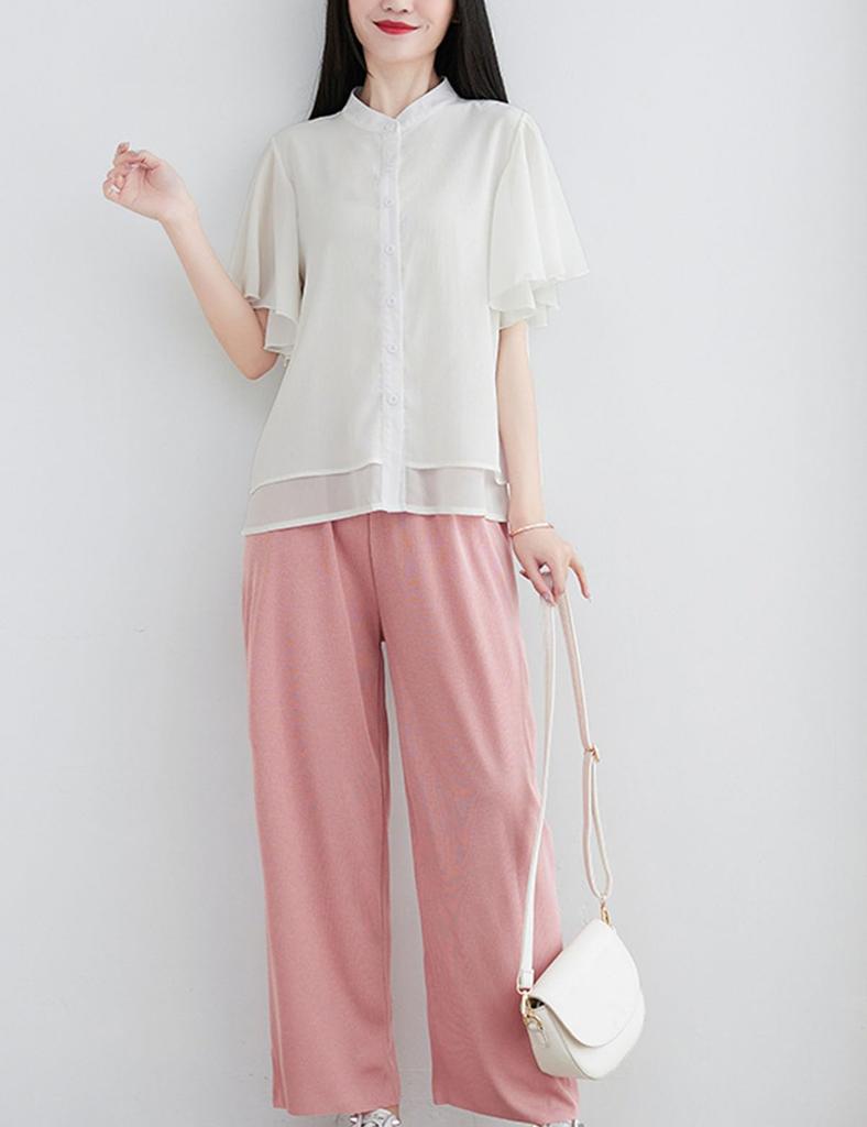 Рубашка для полных, свободного кроя, большого размера [EASTEMPO] Женская, Рукав, Лето, Стильная, Шифон, Посадка, Офис, Тонкая, Однотонная, (JP, Алфавит, L, Белый)