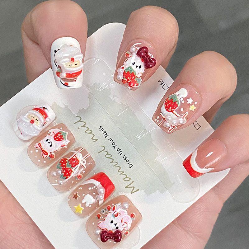 10 Pcs Cute Christmas Press On Nails Short Santa Bow Strawberry Rabbit Design Detachable Nail Stickers For Women