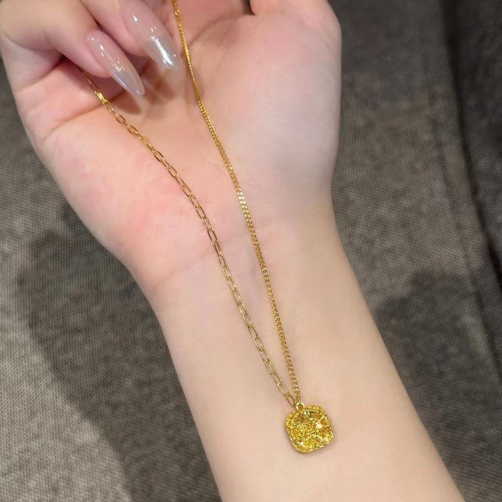 Sugar Cube Earrings Necklace Set Yellow Gold Brushed Small Square Ring Pendant Jewelry Set