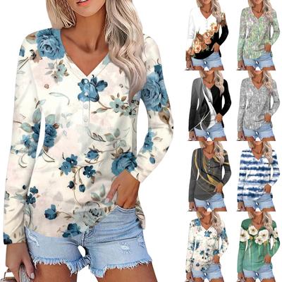 Женский модный повседневный топ на пуговицах с длинным рукавом и цветочным принтом, v-образным вырезом и пуговицами