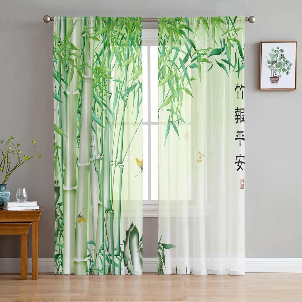 Bamboo Watercolor Painting Tulle Curtains For Living Room Bedroom Voile Curtain Home Decoration Sheer Balcony Door Curtain