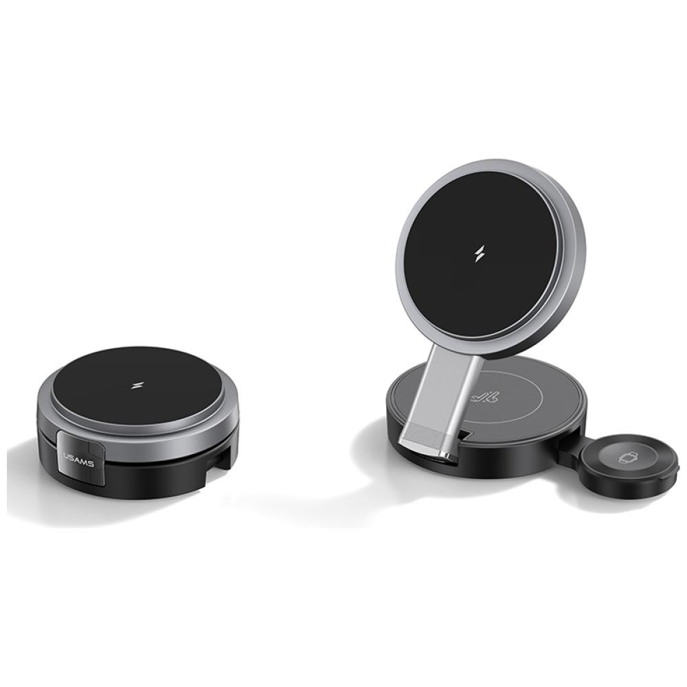 USAMS Foldable 3-in-1 Inductive Charger 15W for Phone/Apple Watch/Headphones CD234WXC01 (US-CD234)