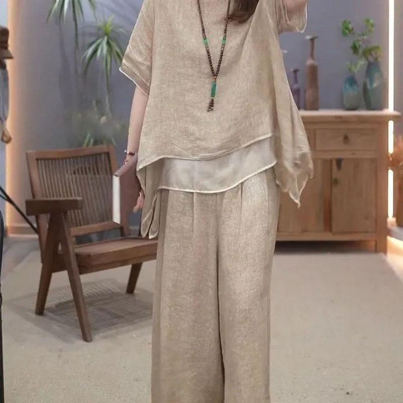 Женские винтажные широкие брюки, повседневные лоскутные блузки, брюки, комплекты из 2 предметов, свободный костюм, большой размер