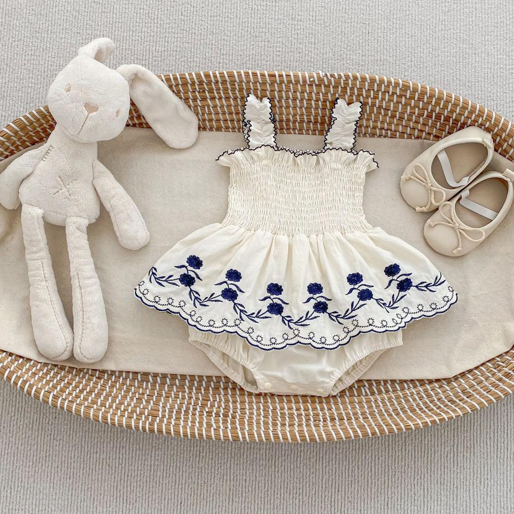 Baby Girl Summer Romper with Vintage Floral Embroidery for 1 3 Month