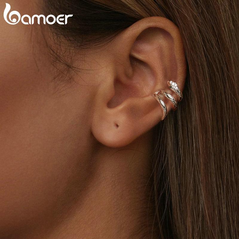 BAMOER 925 Sterling Silver Coiled Snake Ear Cuffs Unique Personalized Fashion Earring For Women Fine Jewelry