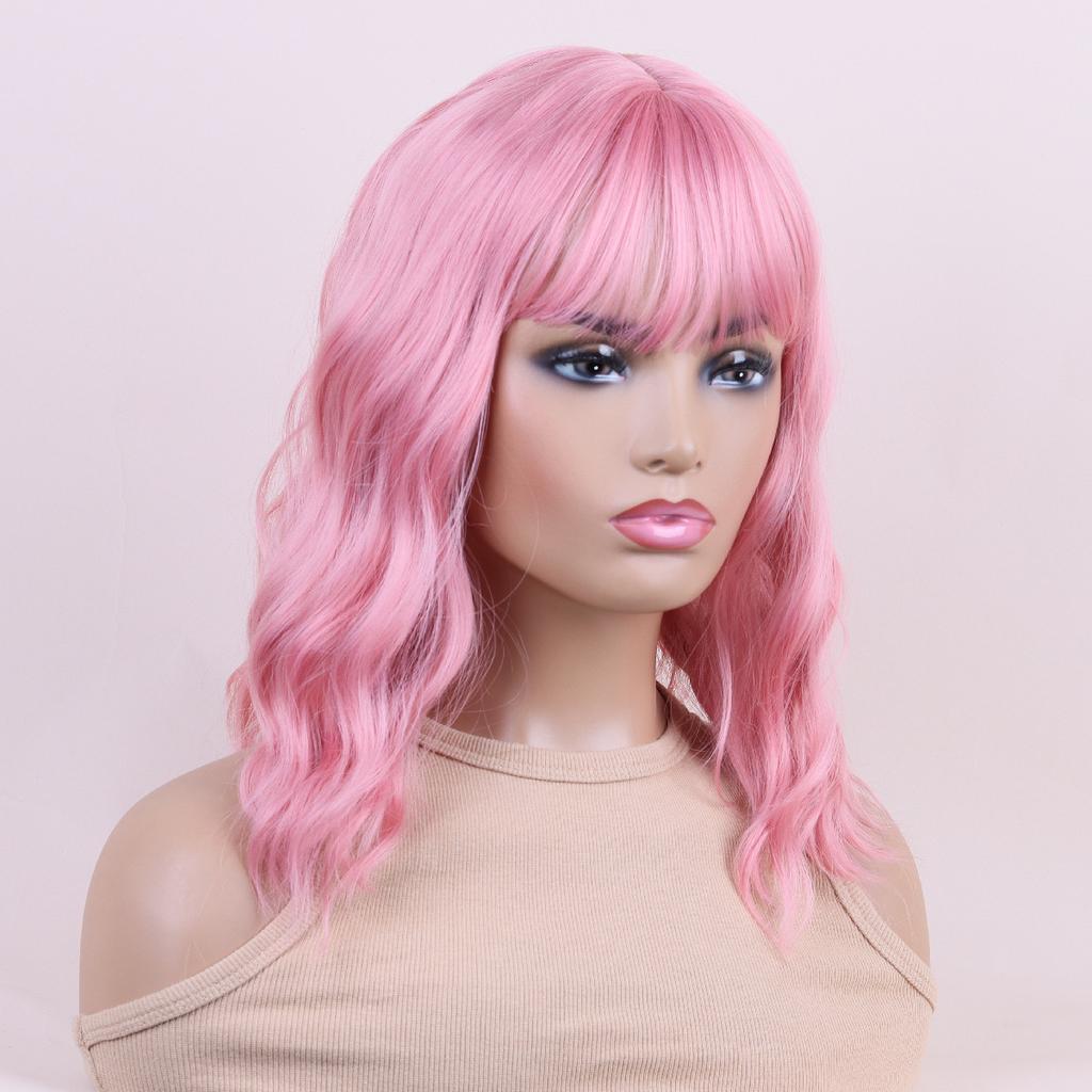 Pink Blond Dark Brown Synthetic Wigs Short Wavy Bob Wigs with Bangs for Women Daily Cosplay Natural Hair Wig Heat Resistant Fiber