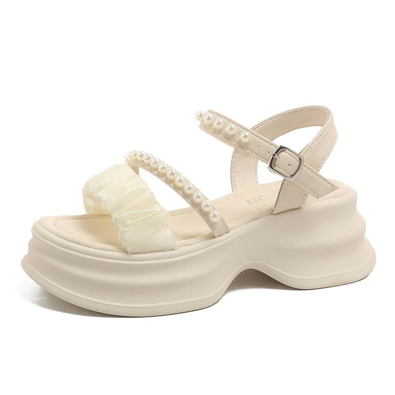 Босоножки на толстой подошве с жемчужной пряжкой, в стиле феи, женские, лето 2025, корейская версия, новые, повседневные пляжные сандалии на платформе, женские