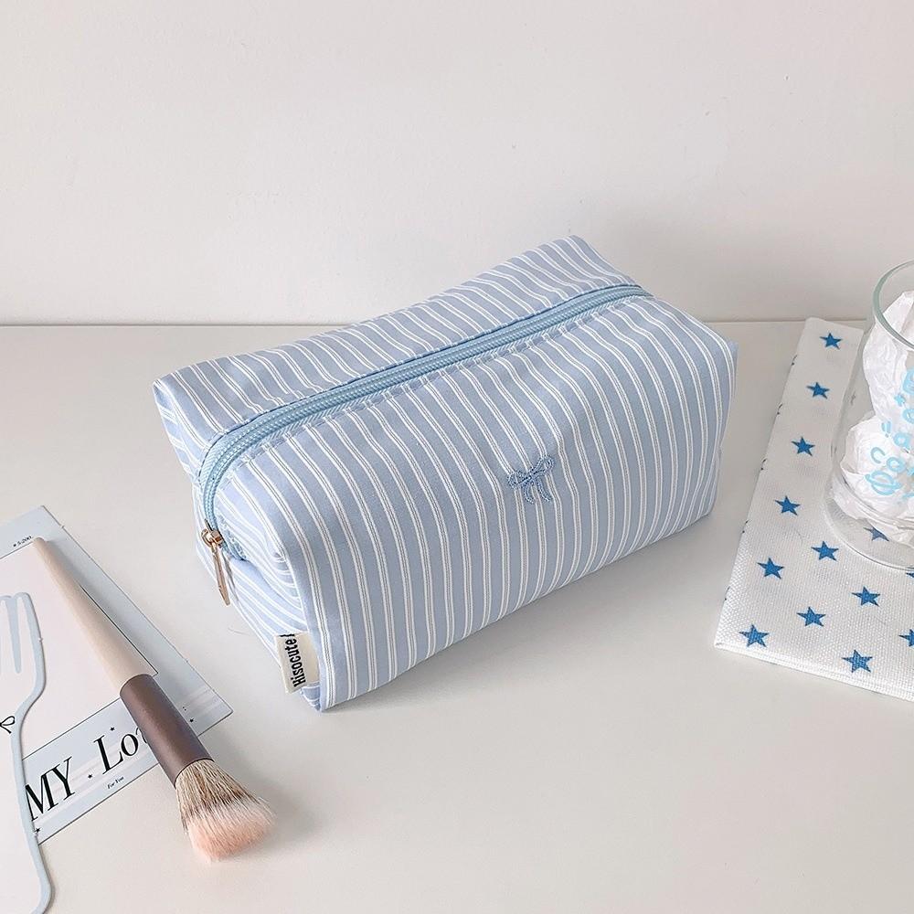 Large Capacity Cosmetic Bag Striped Bow Embroidery Pen Bag Portable Makeup Pouch