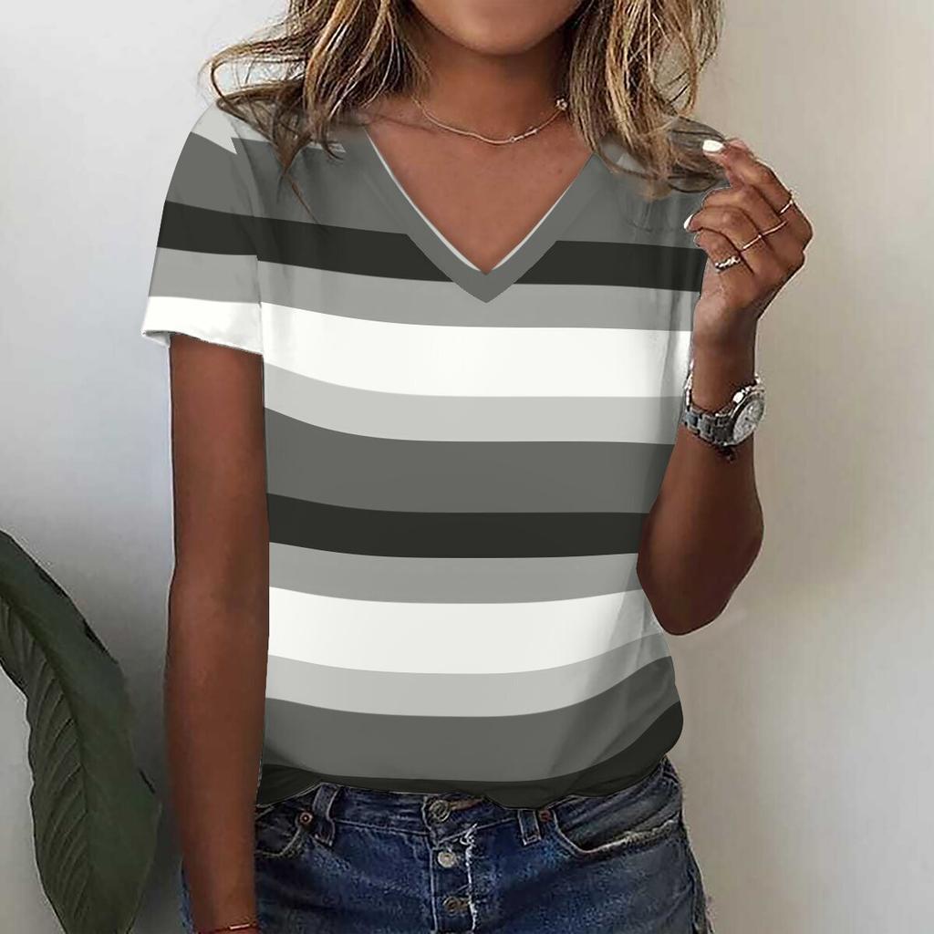 Striped 3D Printed T-shirt for Summer Women's V-neck Holiday Casual Top
