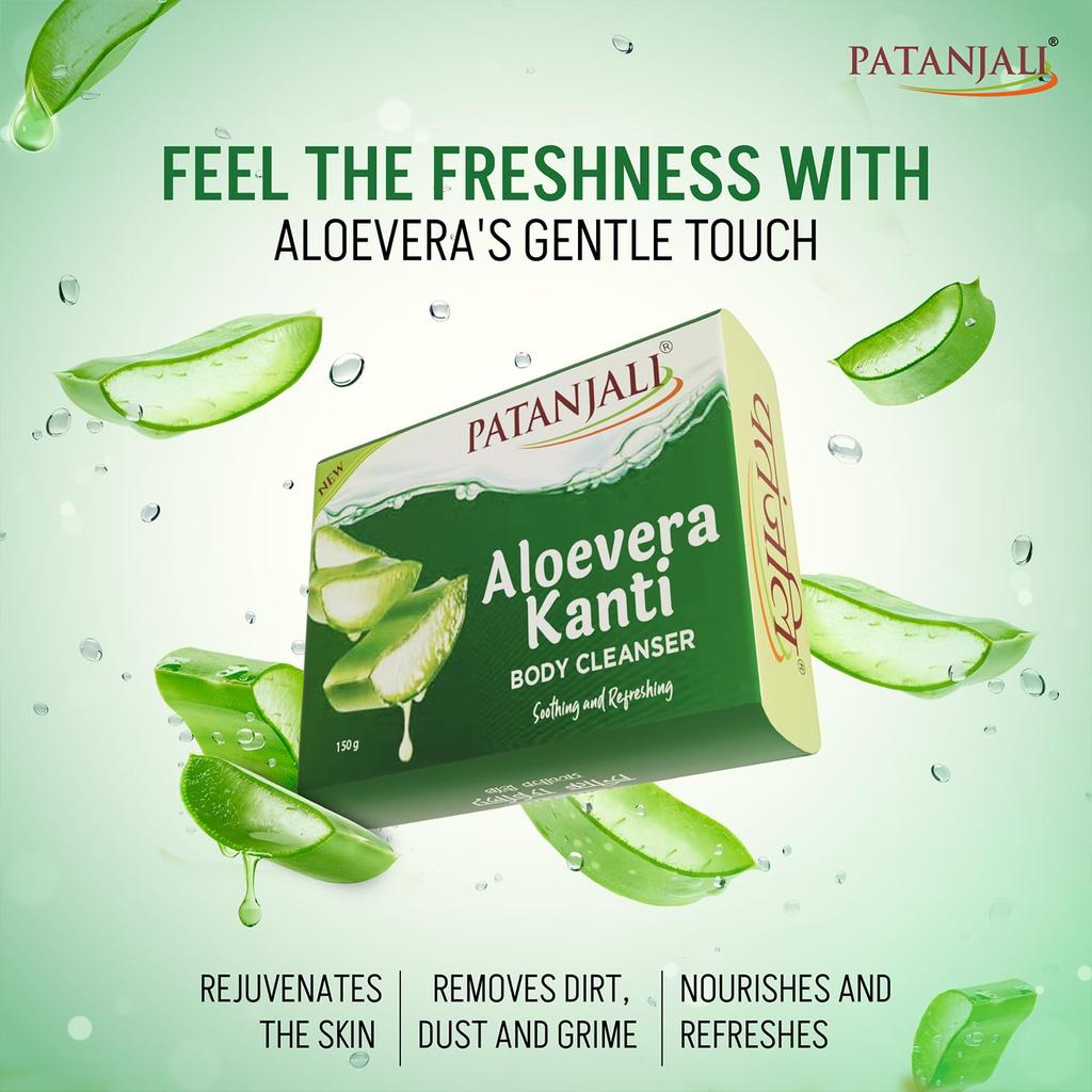 Patanjali Aloe Vera Kanti Body Cleanser Soap 150g X Pack Of 4 Nourishing Moisturizing Bath Bar For Soft Smooth Hydrated Skin
