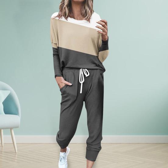 2 шт./комплект женский топ брюки костюм круглый вырез длинный рукав цветной блок спортивный свитшот завязка