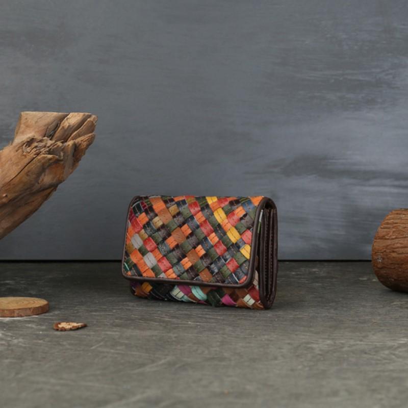 Johnature Плетеный короткий кошелек из натуральной кожи, случайная цветовая вставка, большая вместимость, много отделений, складной кошелек с пряжкой
