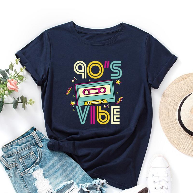 Летние женские футболки 90'SVIBE из хлопка с принтом, свободные, с круглым вырезом и короткими рукавами, женские