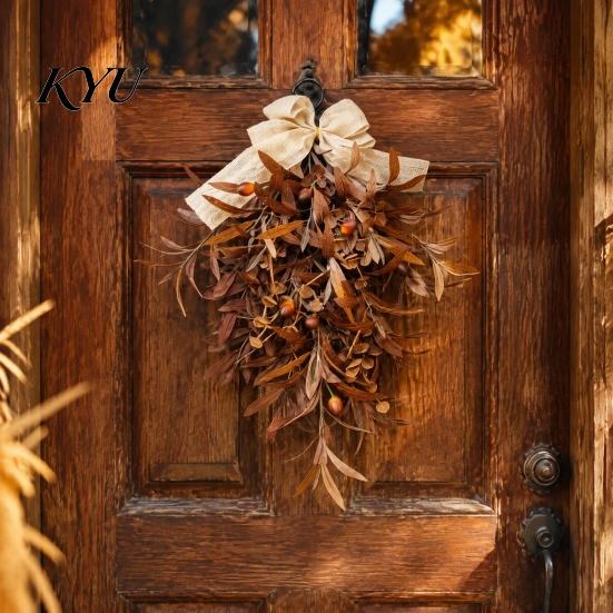 Country Style Fireplace Decoration Artificial Autumn Olive Leaf Wreath for Front Door, Retro Hanging Garland Harvest Festival Wall with Bow