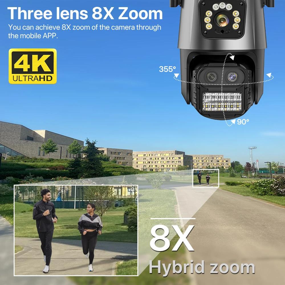 LS VISION 4K 9MP HD IP-камера европейского стандарта для улицы, 8-кратный зум, три объектива, двойной экран, Wi-Fi, PTZ-камера, 4MP, полицейская световая сигнализация, видеонаблюдение Onvif ICSEE