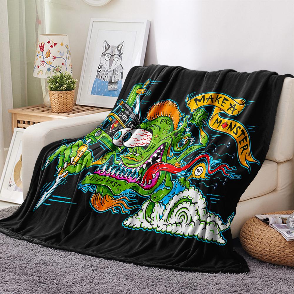 1 шт. Фланелевое одеяло с принтом Rat Fink, Высококачественное, Для всех сезонов, Декор для дома, Тепло и уют, Идеально для рождественских подарков