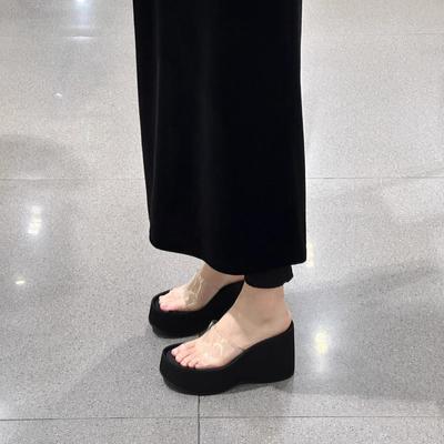 2025 Новые женские шлепанцы из натуральной кожи на танкетке, прозрачные шлепанцы на одно слово, увеличивающие рост, на толстой подошве