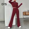 2 dona/toʻplam Ayollar Bir xil rangli trikotaj kiyim Turtikli uzun yengli qisqartirilgan toplar Yuqori bel Keng paxtali shimlar Qishki qovurgʻali slim-fit kiyim
