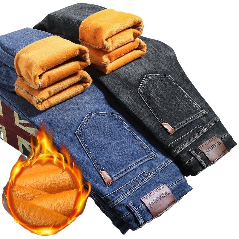 Новые осенне-зимние мужские утепленные и утолщенные джинсы эластичные узкие прямые универсальные джинсовые брюки