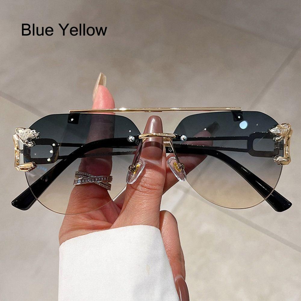 Fashion Rimless Cheetah Decor Sunglasses Gradient Uv400 Double Bridge Sun Glasses Eyewear For Women & Men