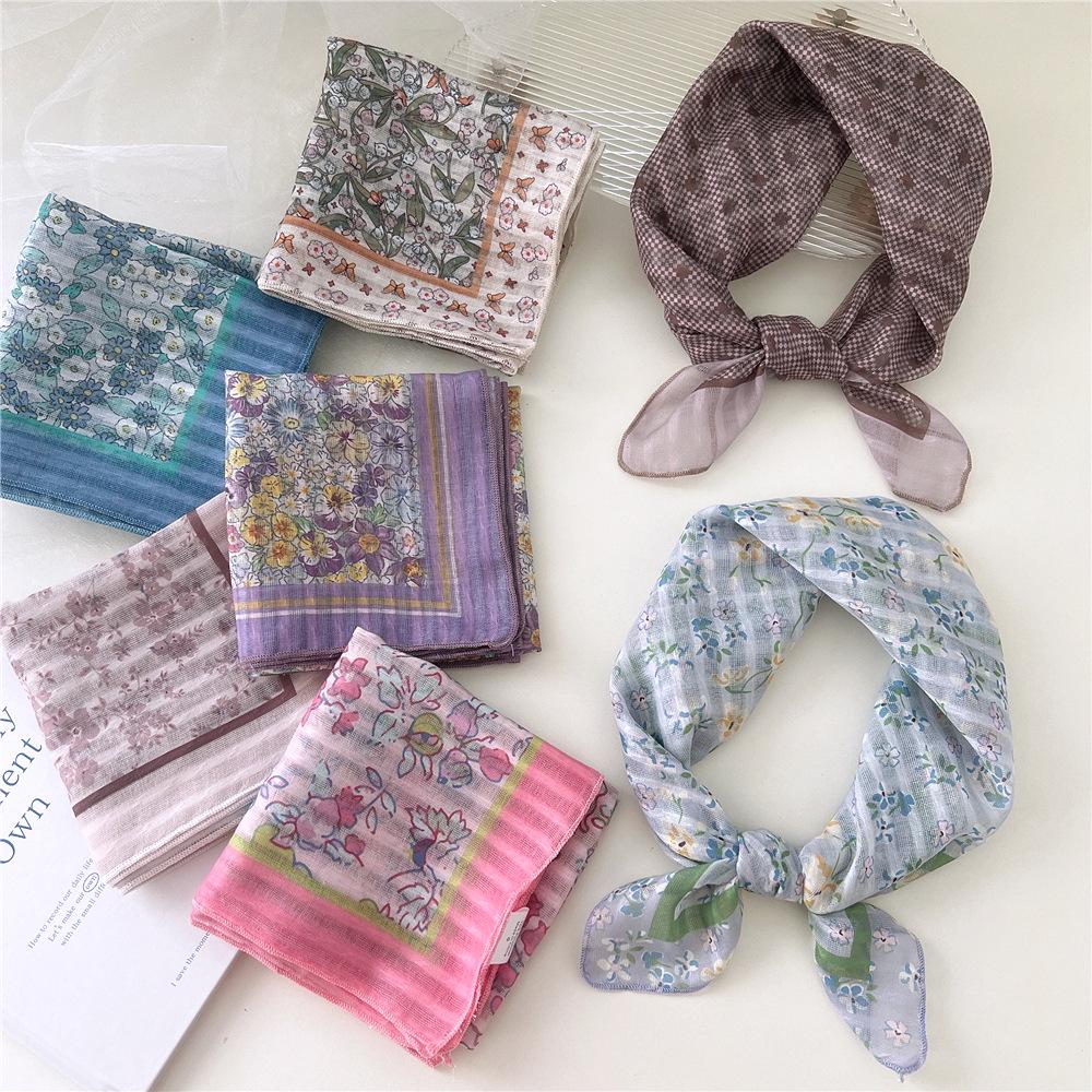 58 Цветочный Хлопково-Льняной Шарф: Корейский шейный платок с мелким цветочным принтом на весну, лето, осень - Универсальная повязка на голову и головной платок