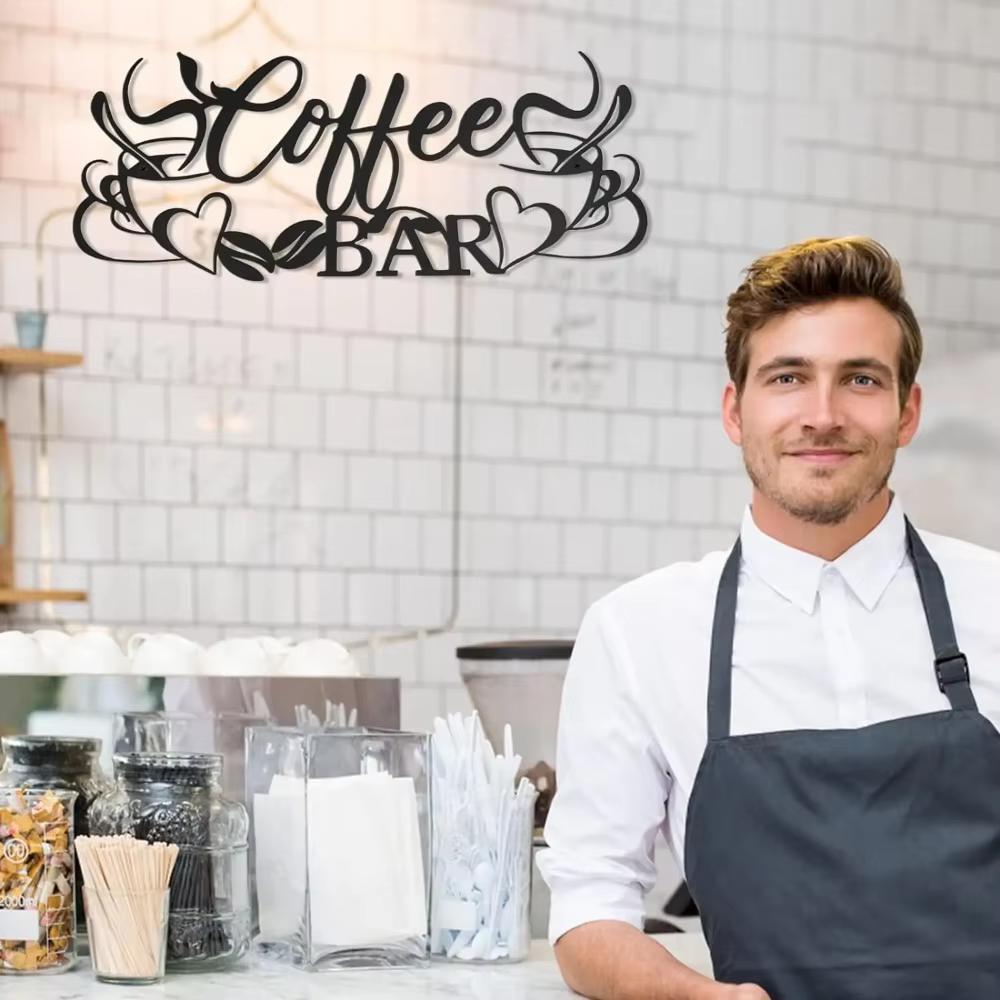 Metal Coffee Bar Sign Decor - Coffee Cup Word Iron Art. Cafe Themed Hanging Wall Sculpture for Kitchen & Restaurant.