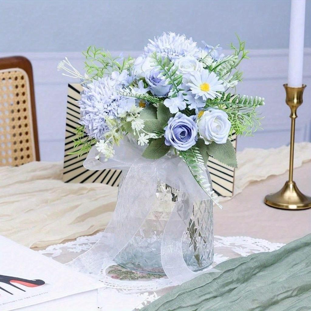4PCS Artificial Flower Rose Hydrangea Faux Rose Bouquet with Stems for Wedding Hand Bouquet Fake Plant Decoration Table Centerpiece Decor Party Home