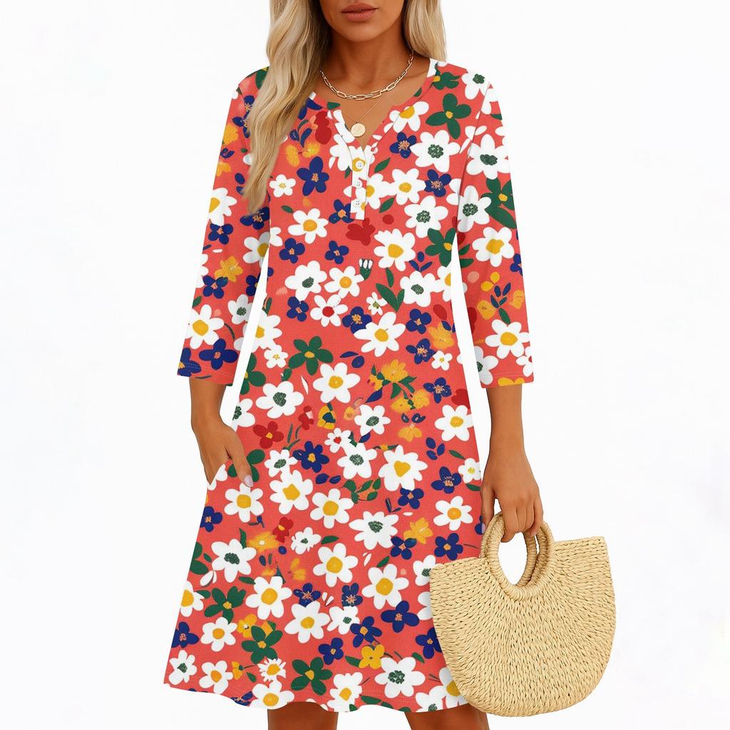 Платья для женщин Весенние сарафаны Женское повседневное платье с рукавом 3/4 V-образный вырез Бохо Платье с цветочным принтом