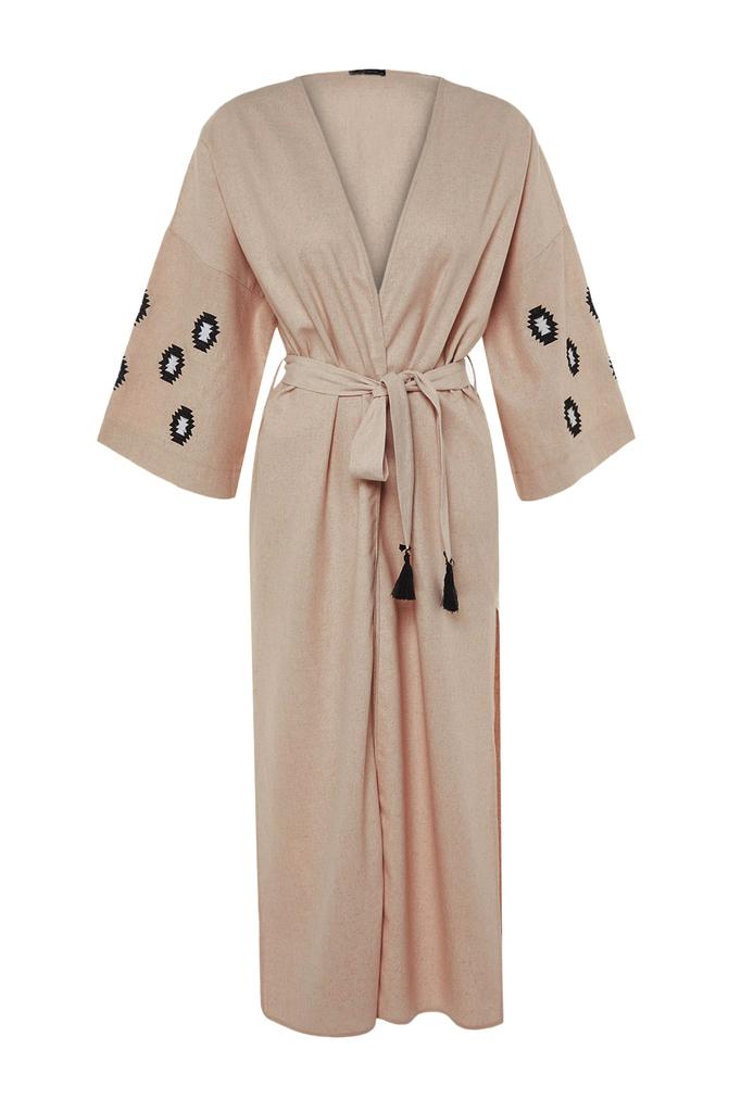 Women's Fashion New Kimono&Kaftan Beige Belted Maxi Woven Embroidered Linen Blended 100% Cotton KimonoKaftan